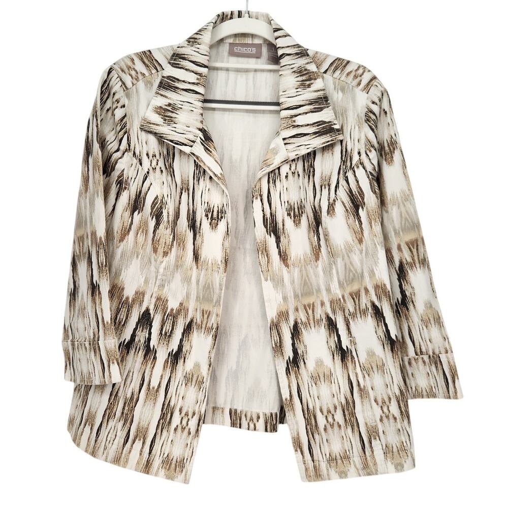 Chico's‎ Tan & Brown Ikat Print Textured Open Jacket Blazer Women's 1 (medium)